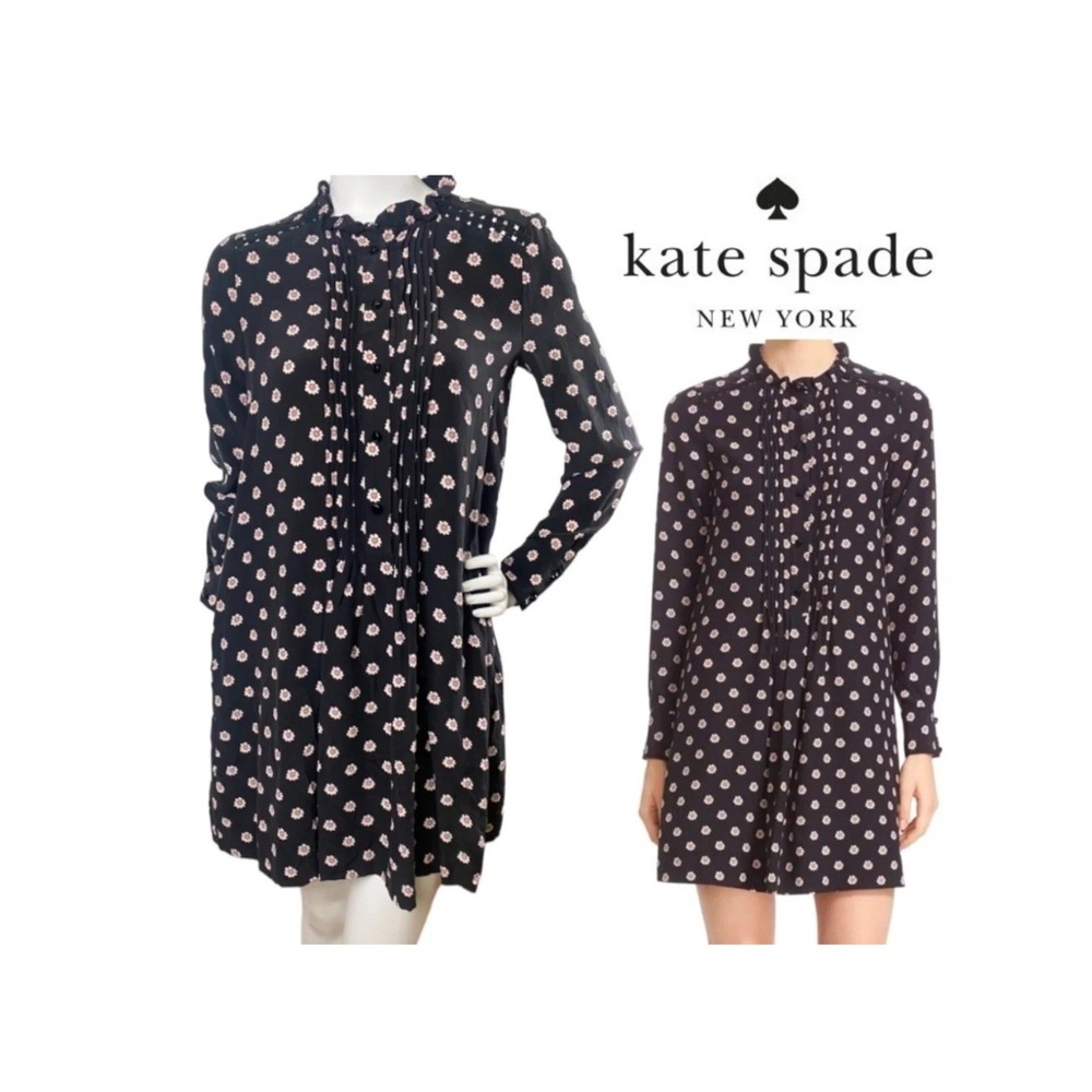 Kate Spade Shirt Dress‎ Size L Black Excellent Floral Ruffle Pintuck Lace Pocket